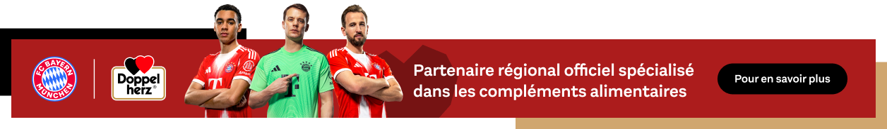 Au premier plan, trois joueurs du FC Bayern sont présentés. À côté d’eux se trouvent les logos du FC Bayern Munich et de Doppelherz, ainsi que le texte : "Partenaire régional officiel pour les compléments alimentaires". Un bouton noir porte l’inscription "En savoir plus".